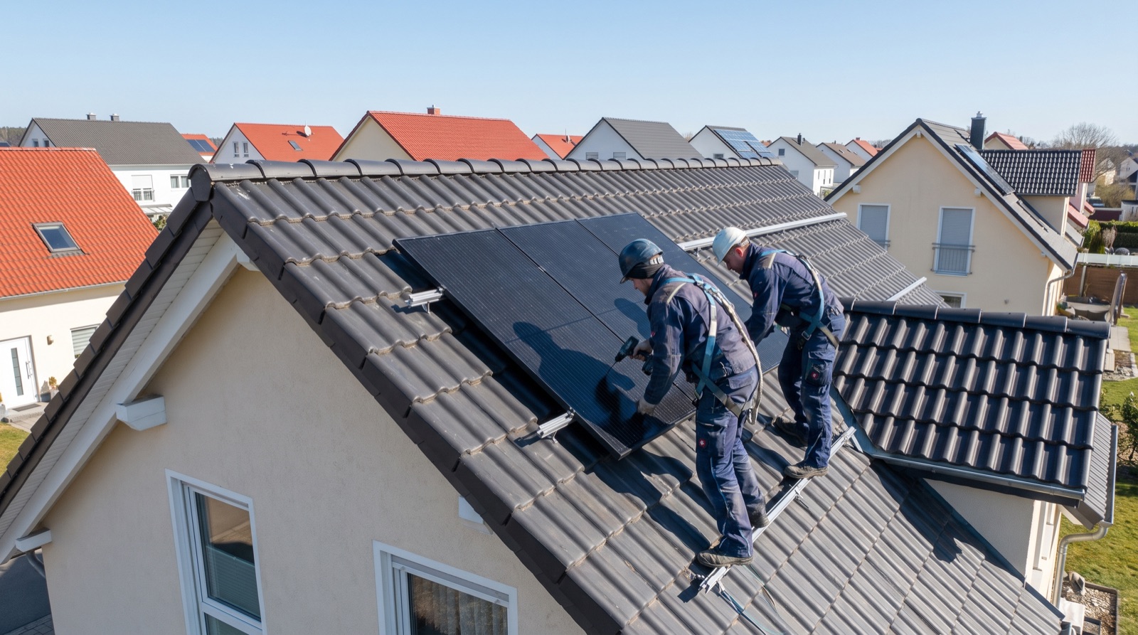 Easy-Solar-Monteure installieren Photovoltaikmodule auf einem Dach in Frankfurt