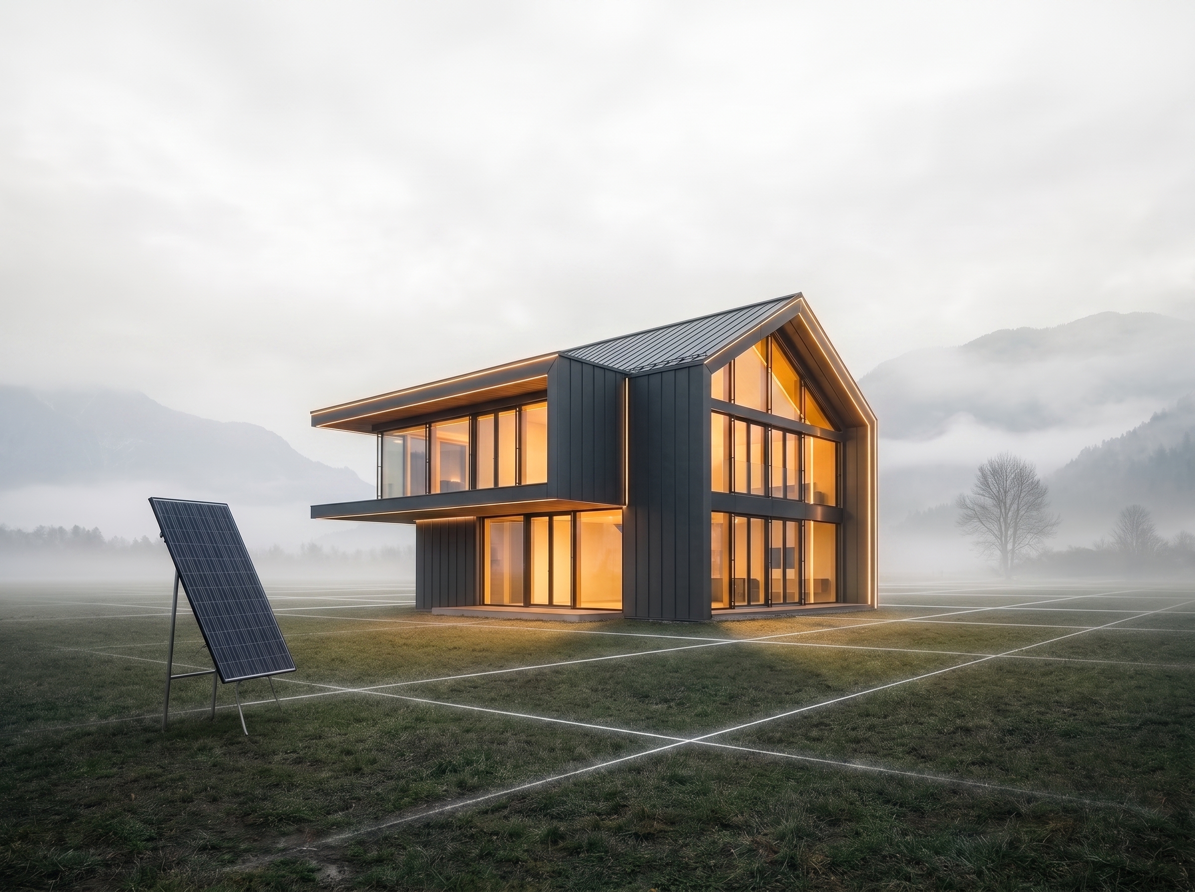 Modernes Haus mit Solaranlage im Morgennebel