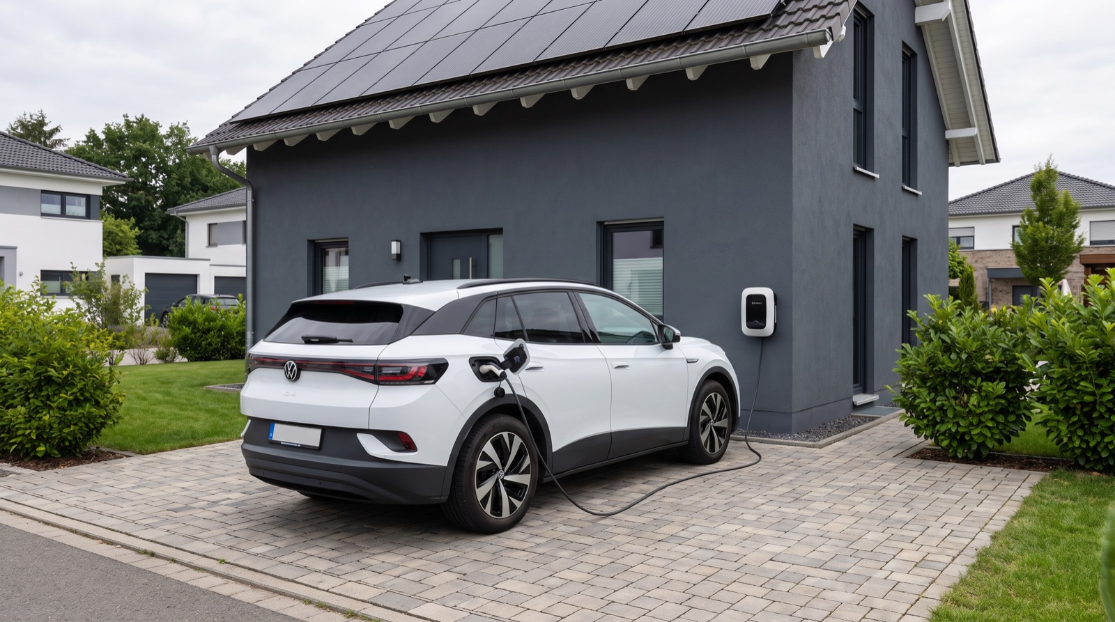 Wallbox und Elektroauto vor einem Haus mit Solaranlage im Rhein-Main-Gebiet